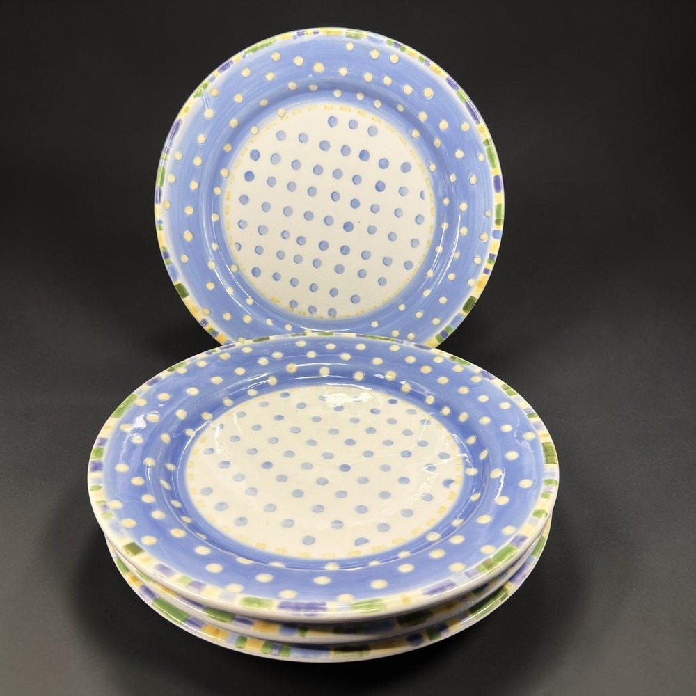Waverly Blossom Hill Dishes Plates Set of 4 Blue Polka Dot Hand Painted China 9"